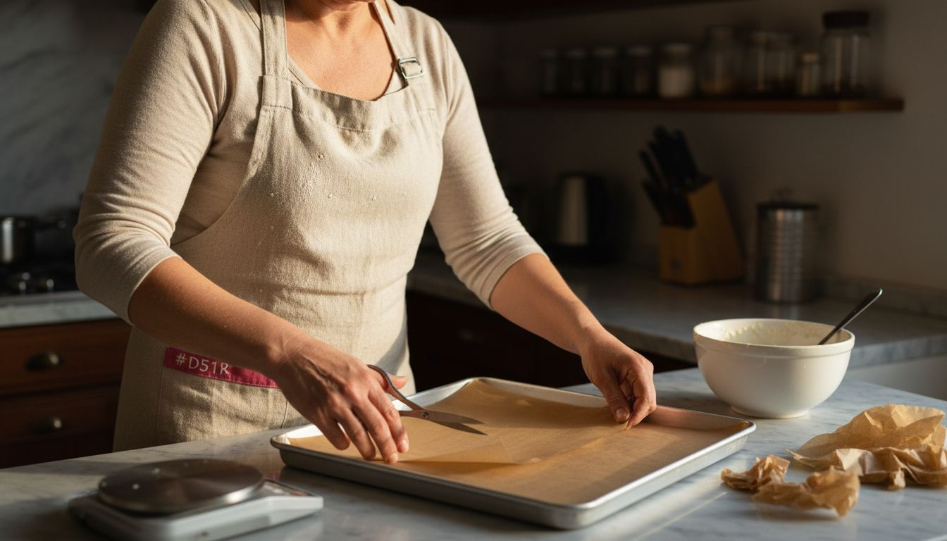 Una pastelera coloca papel vegetal en una bandeja antes de empezar a hornear.