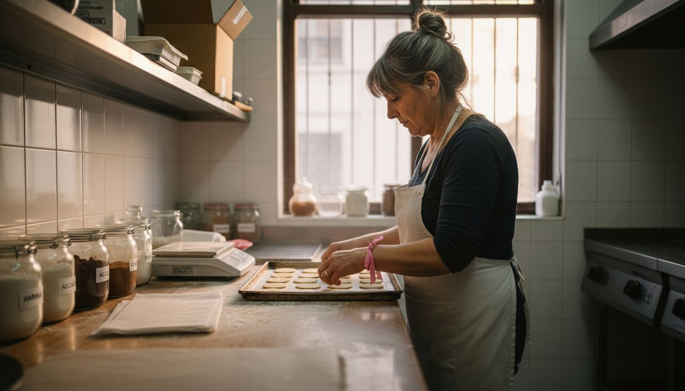 Repostera elaborando obleas en una cocina industrial