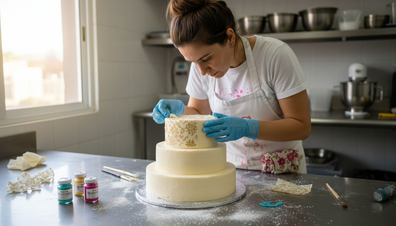 Una experta en repostería colocando delicadamente papel comestible sobre un pastel para darle un toque especial.