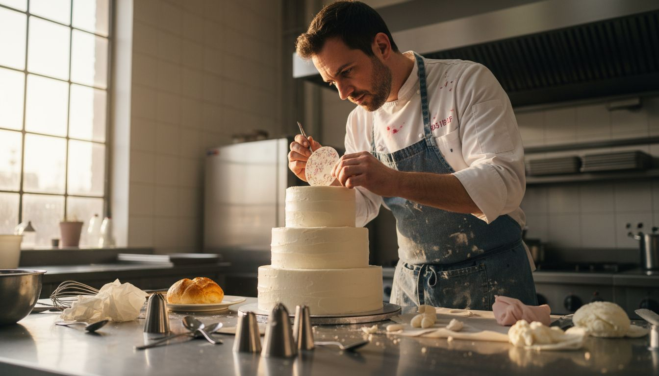 Repostero colocando láminas de oblea sobre una tarta decorada