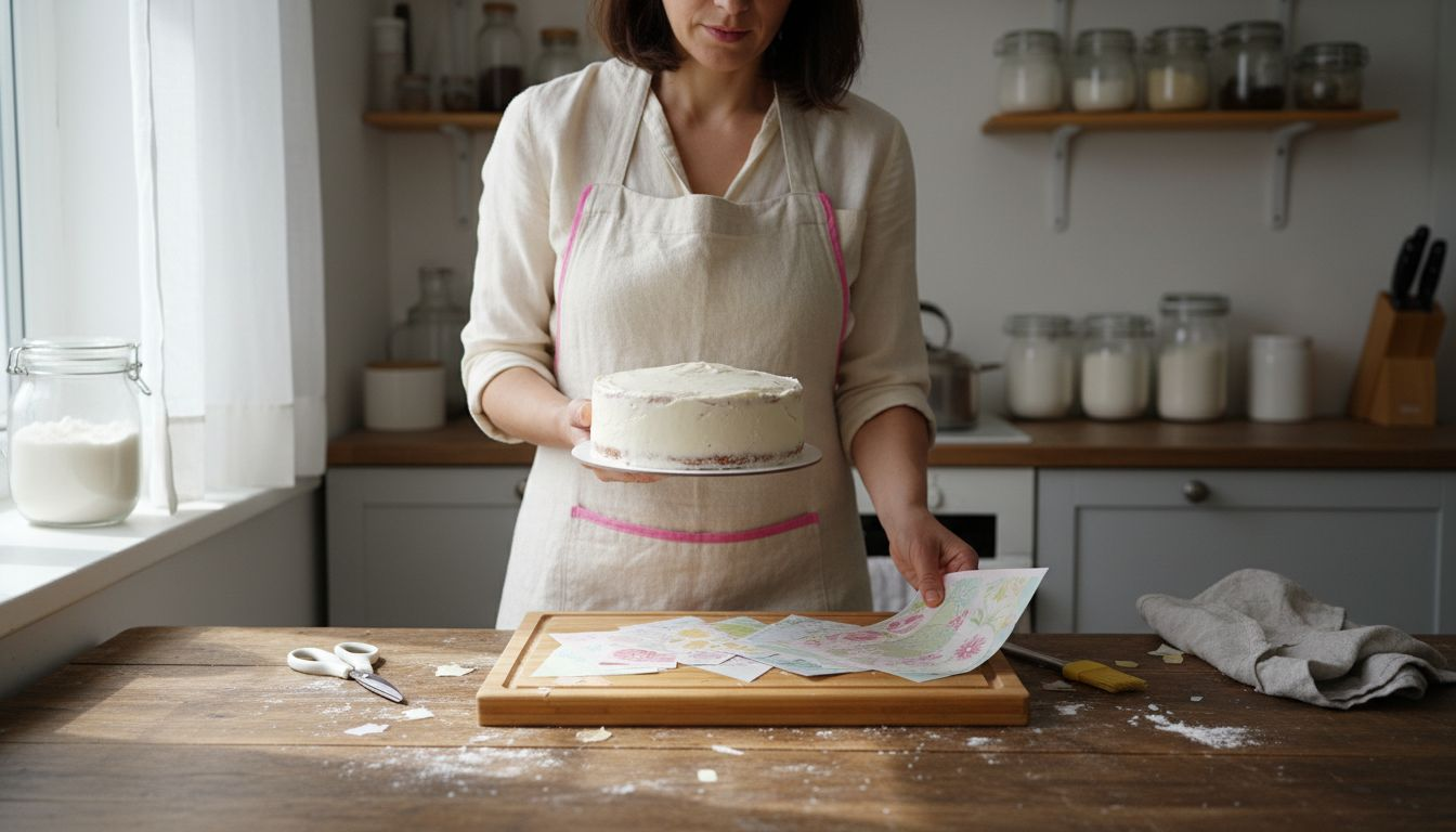 Pastelera decorando un pastel con láminas comestibles