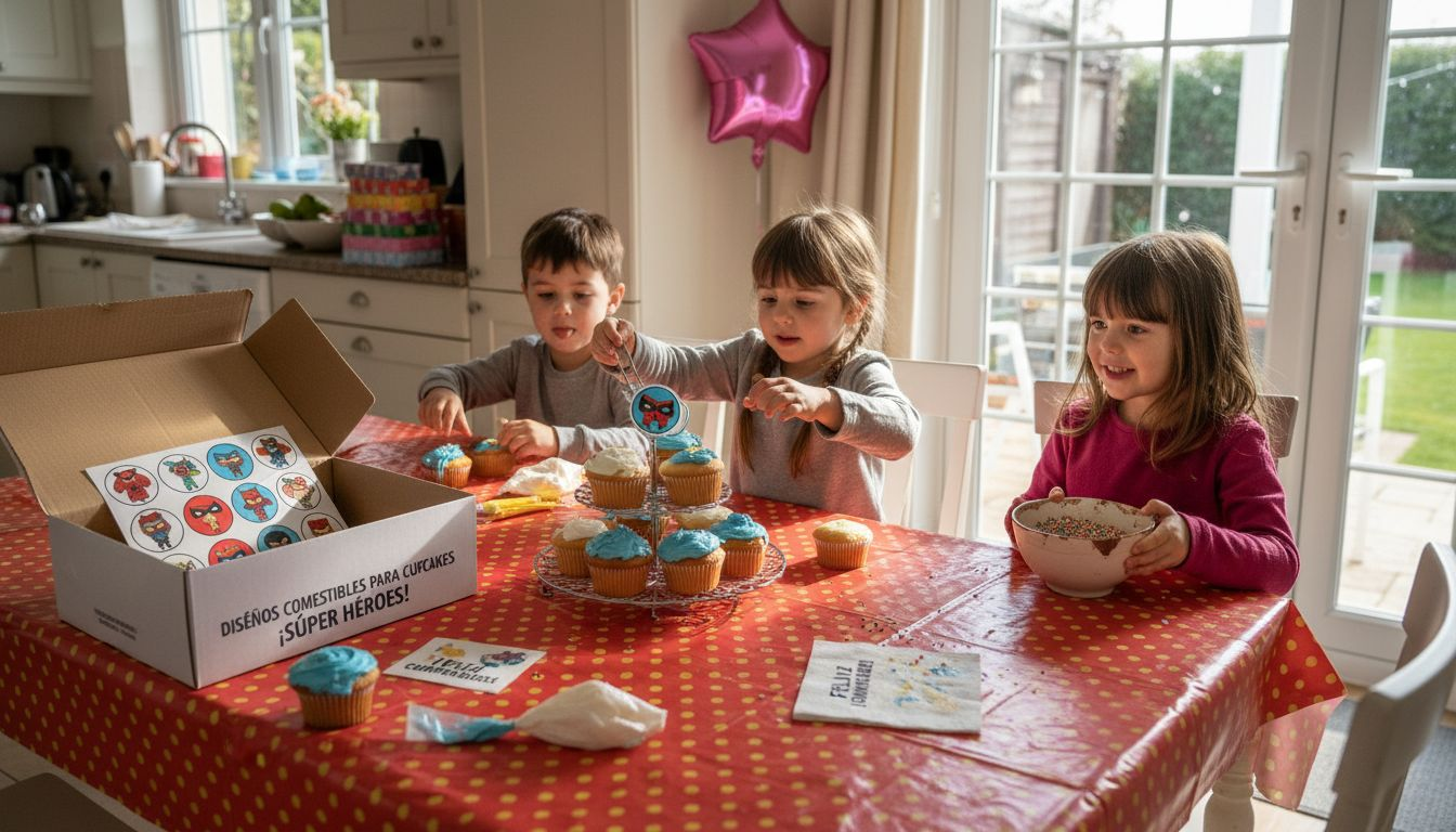 Niños decorando magdalenas con diseños comestibles hechos de papel de azúcar