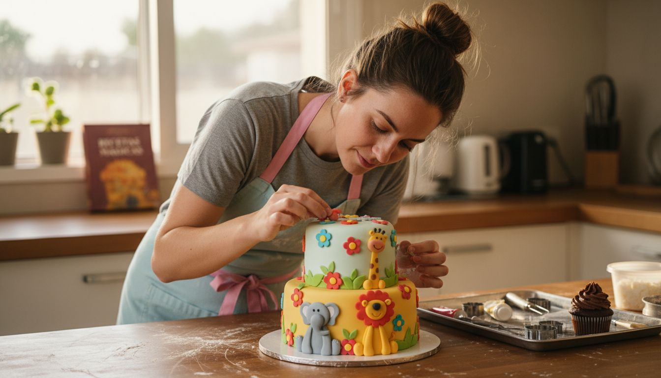 Pastelero decorando una tarta infantil llena de creatividad
