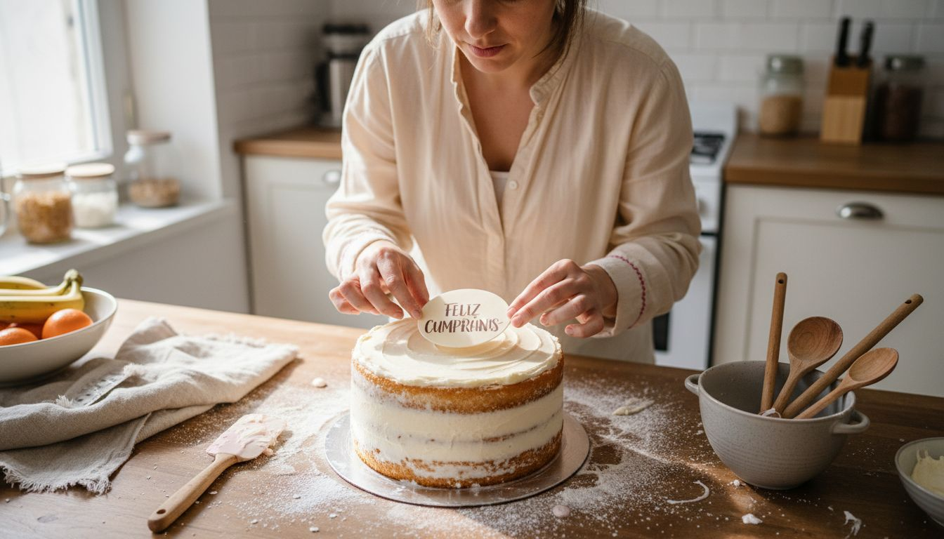 Decoradora colocando una oblea sobre una torta hecha en casa