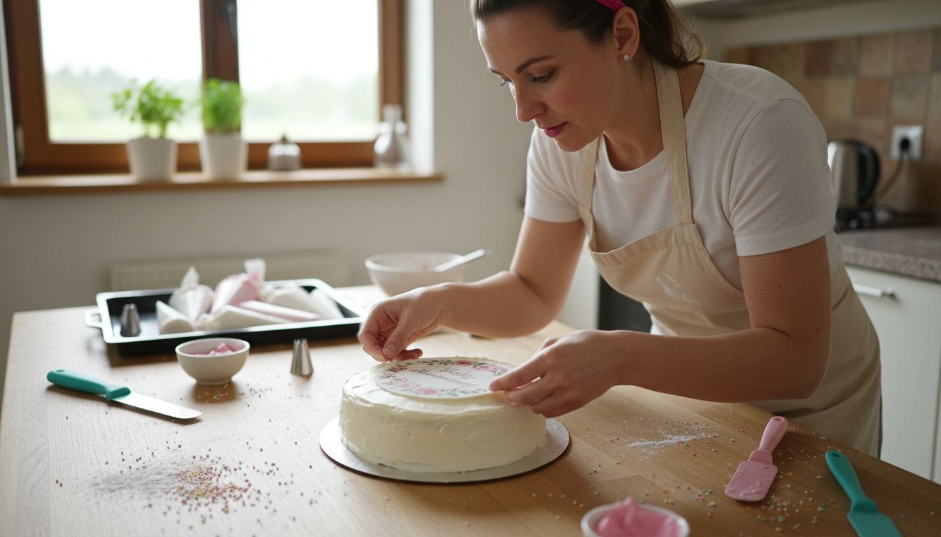 Pastelera colocando una imagen comestible sobre un pastel