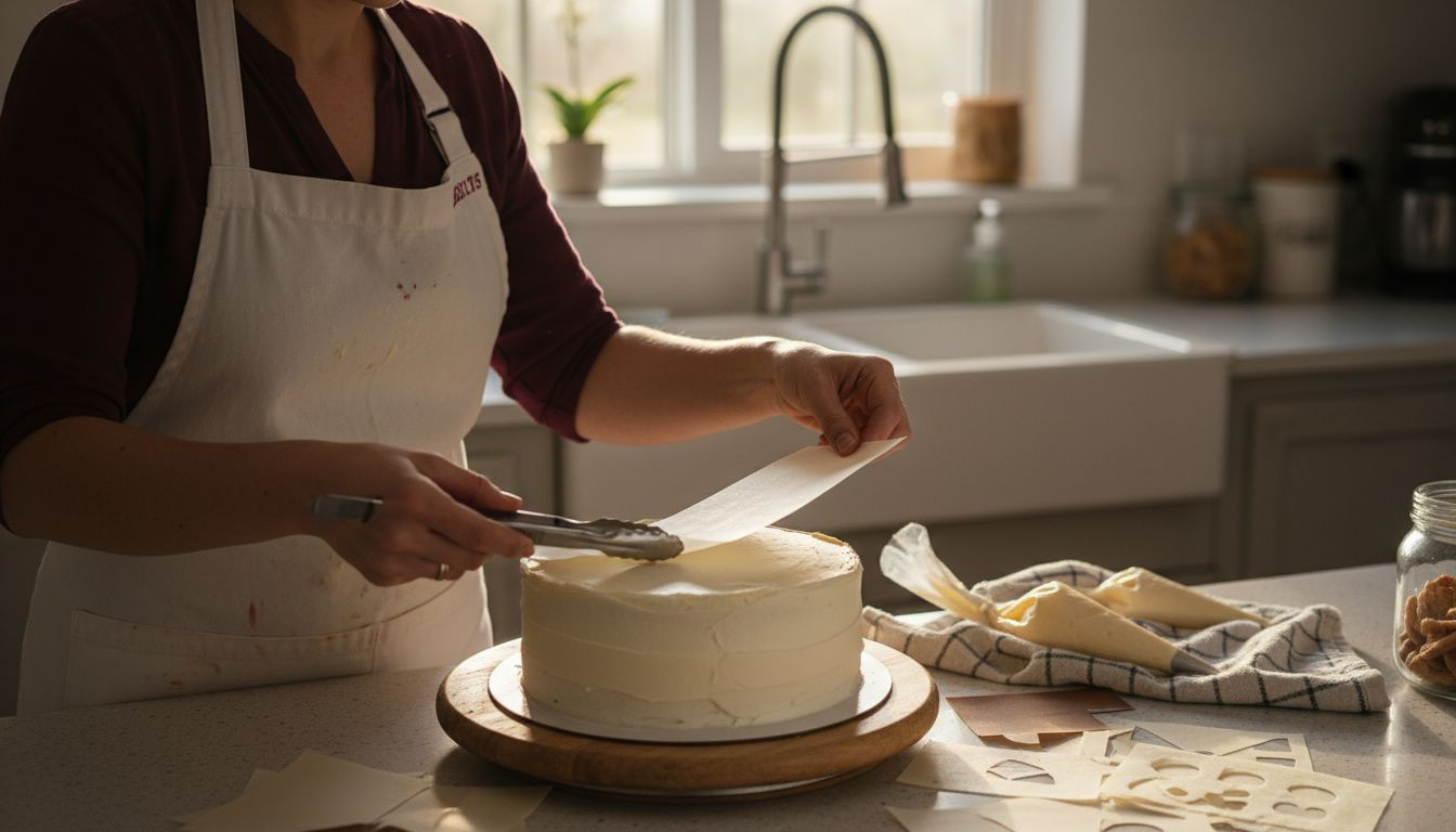 Pastelera decorando una tarta con una lámina comestible