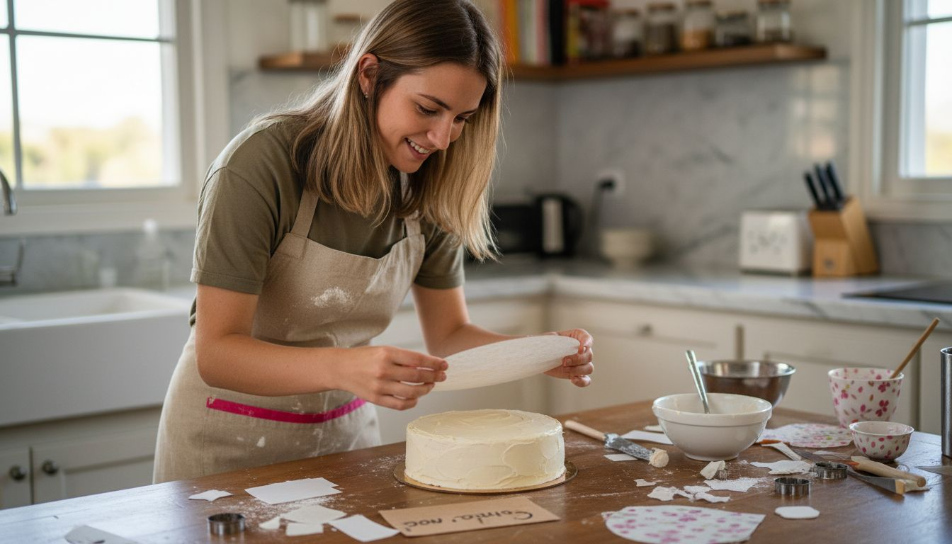 Una repostera decora un pastel colocando láminas de papel comestible sobre la superficie.