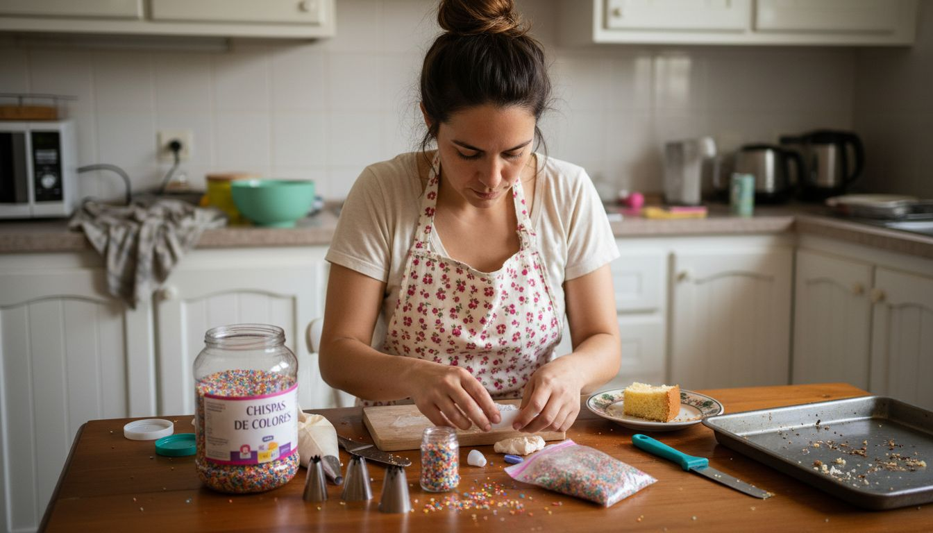 Una mujer prepara un postre mientras organiza y decora su espacio de trabajo para que todo quede perfecto.
