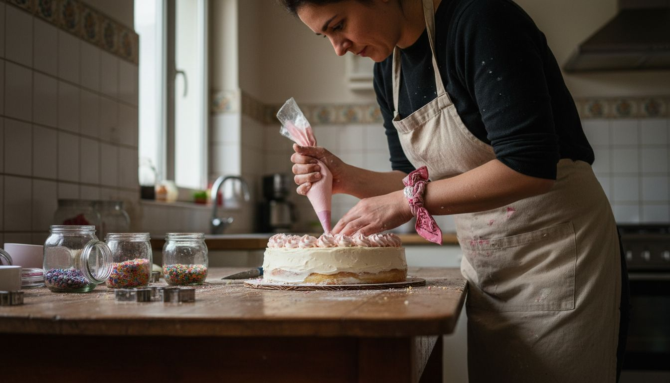 Repostera dando los últimos toques a una tarta de cumpleaños personalizada