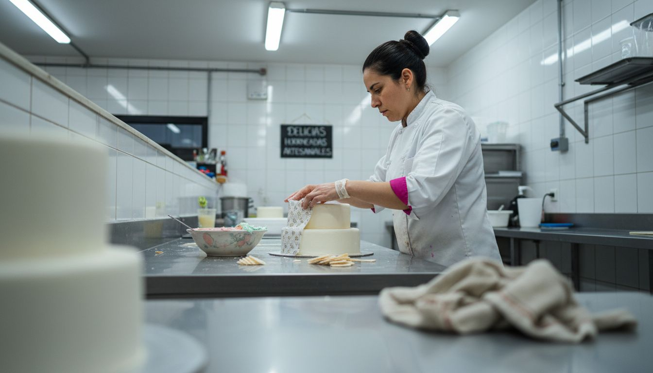 El pastelero decora la tarta colocando una lámina comestible sobre ella.