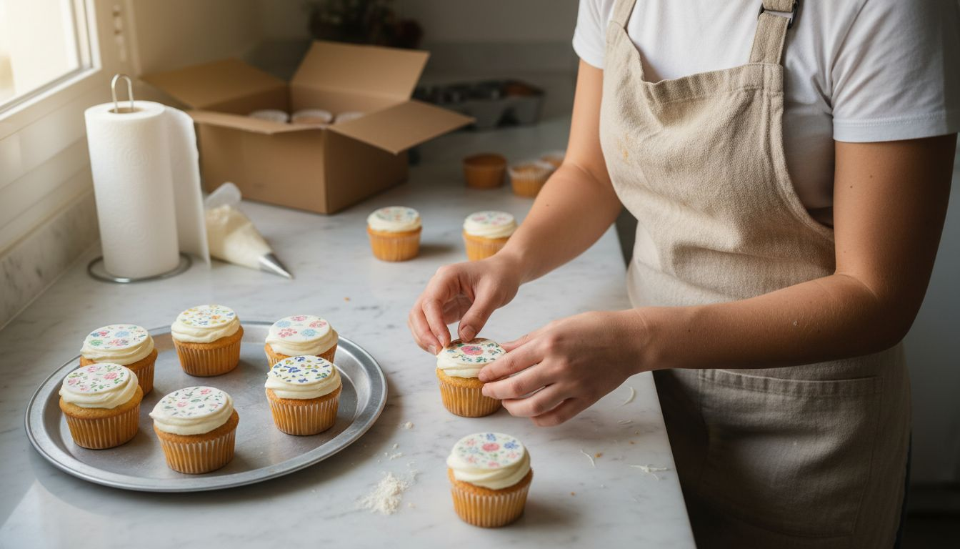 Pasteleira a dar um toque especial aos queques, decorando-os com papel comestível.