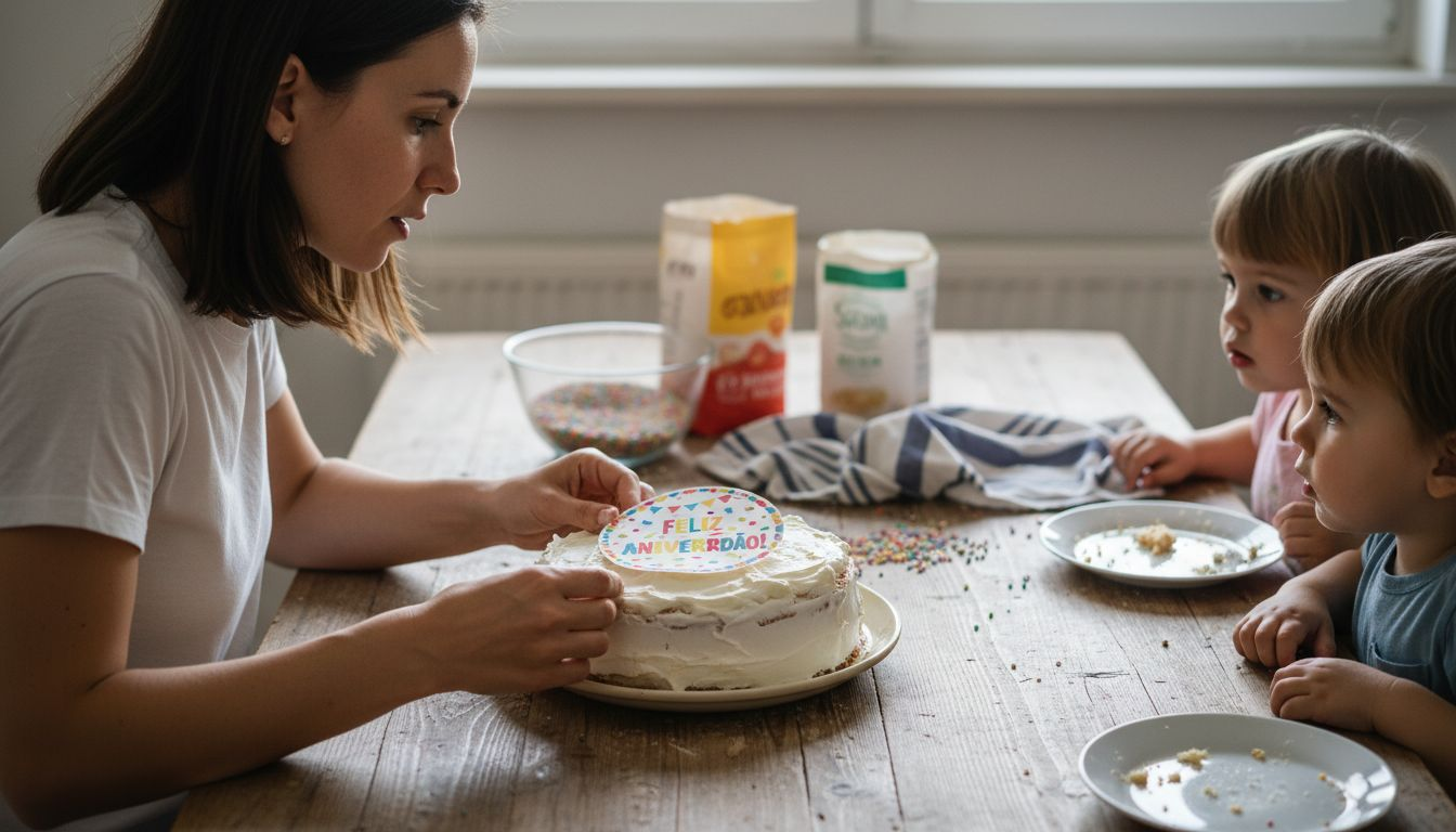 Mãe decora bolo de aniversário com papel comestível