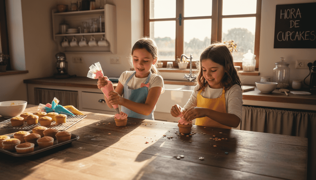 Un grupo de niñas se divierte decorando cupcakes en la cocina de casa