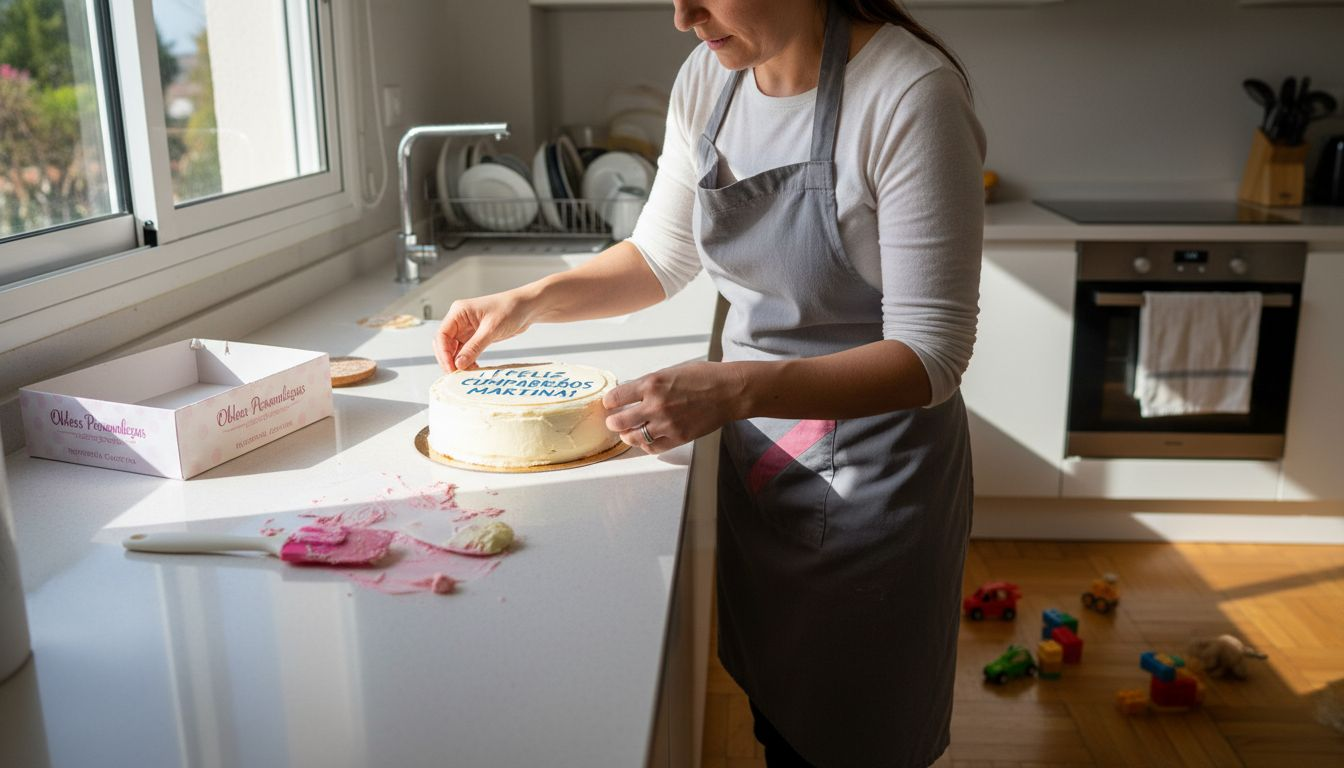 Una madre preparando una tarta y colocando una oblea personalizada como toque final