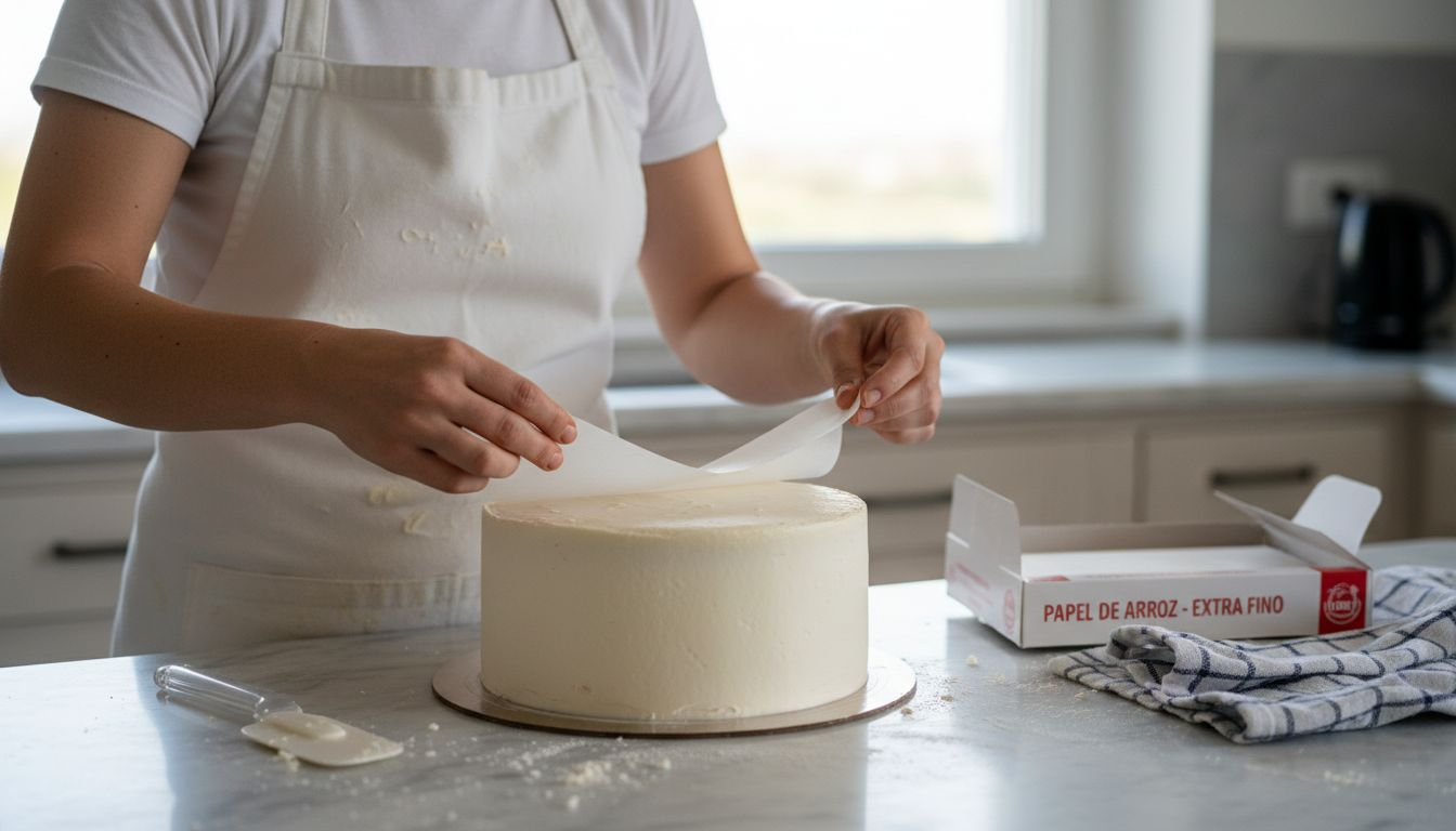 Pastryira coloca folha comestível sobre o bolo