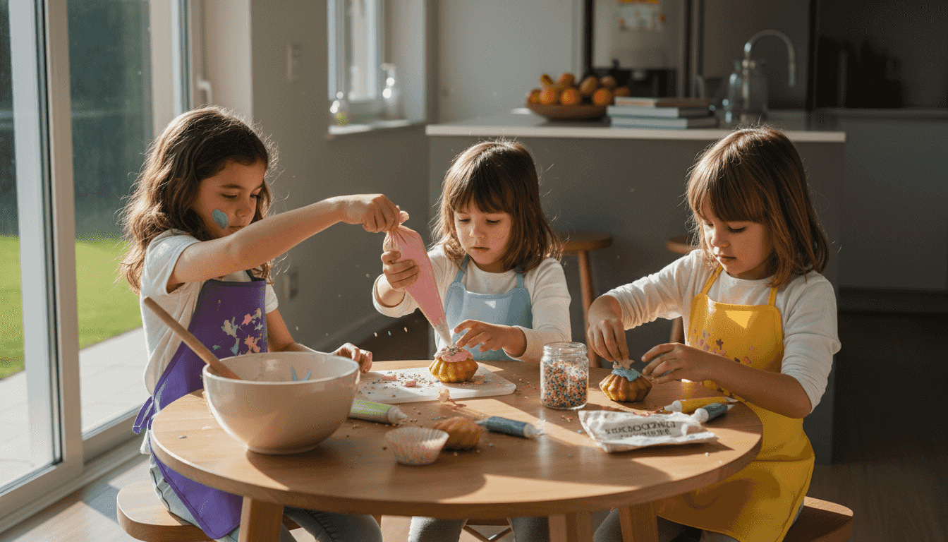Crianças a decorar queques à mesa da cozinha