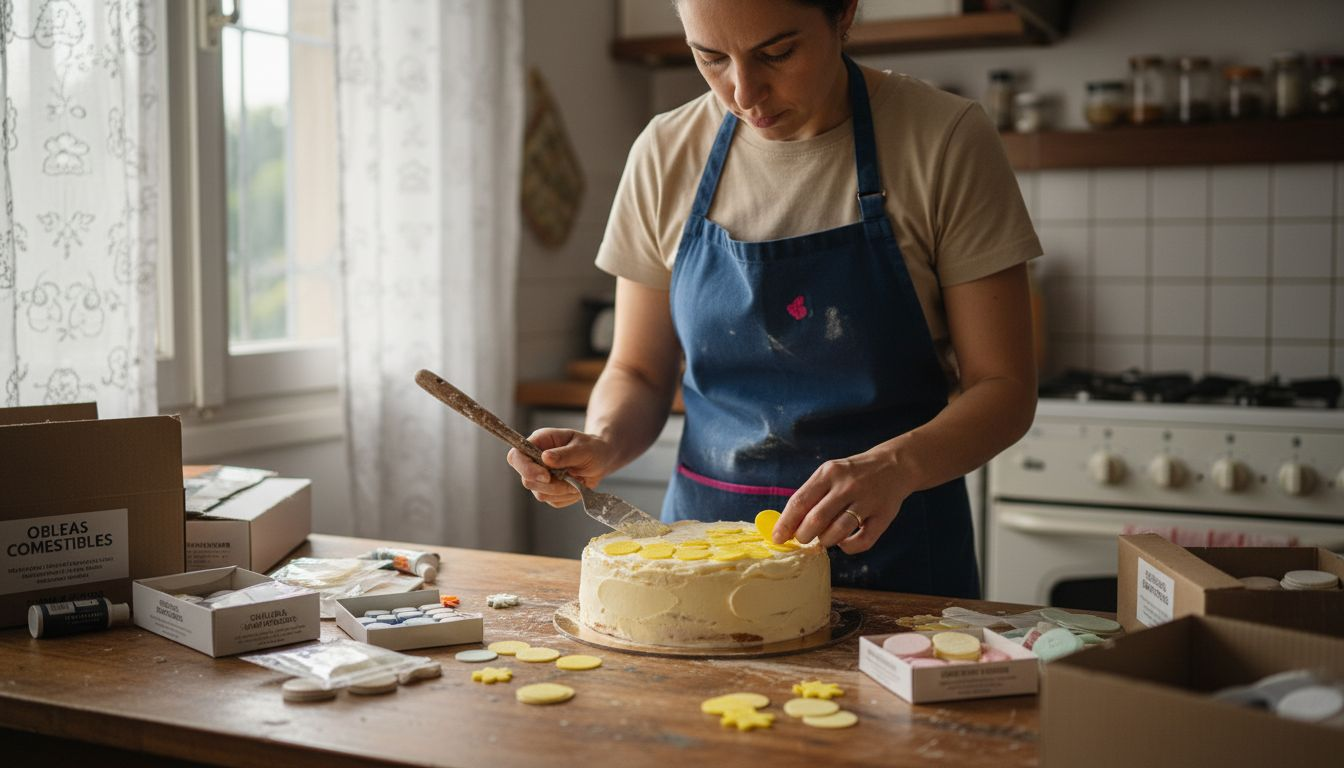 Pastelera decorando una tarta con obleas