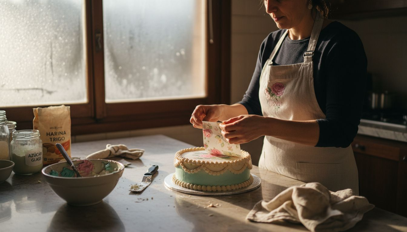 Repostera decorando una tarta con papel comestible