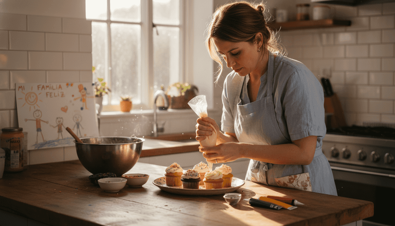 Una madre decora magdalenas en la cocina mientras la luz del sol entra por la ventana.