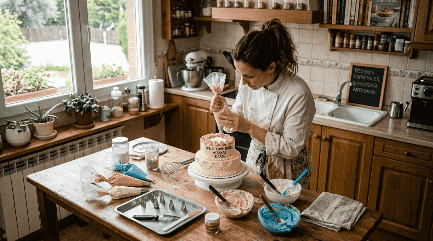 Una pastelera decorando un pastel en la cocina de su casa