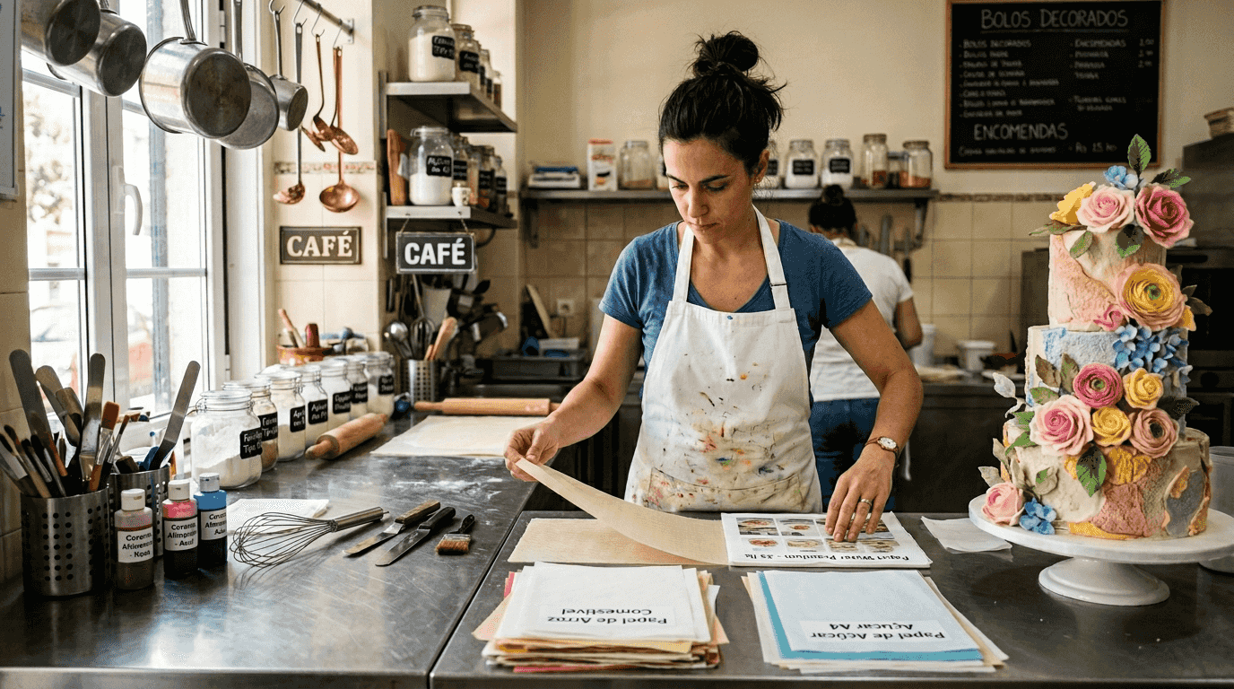 Chef pasteleiro a organizar folhas comestíveis