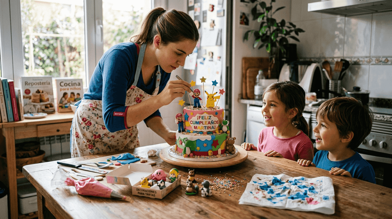 Un pastelero decora una tarta infantil mientras varios niños miran atentos cómo trabaja.
