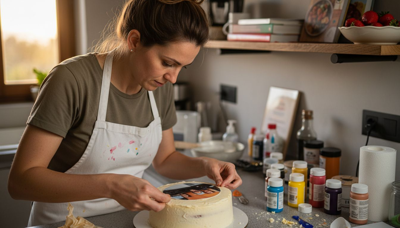 Pastelheira coloca imagem comestível sobre o bolo