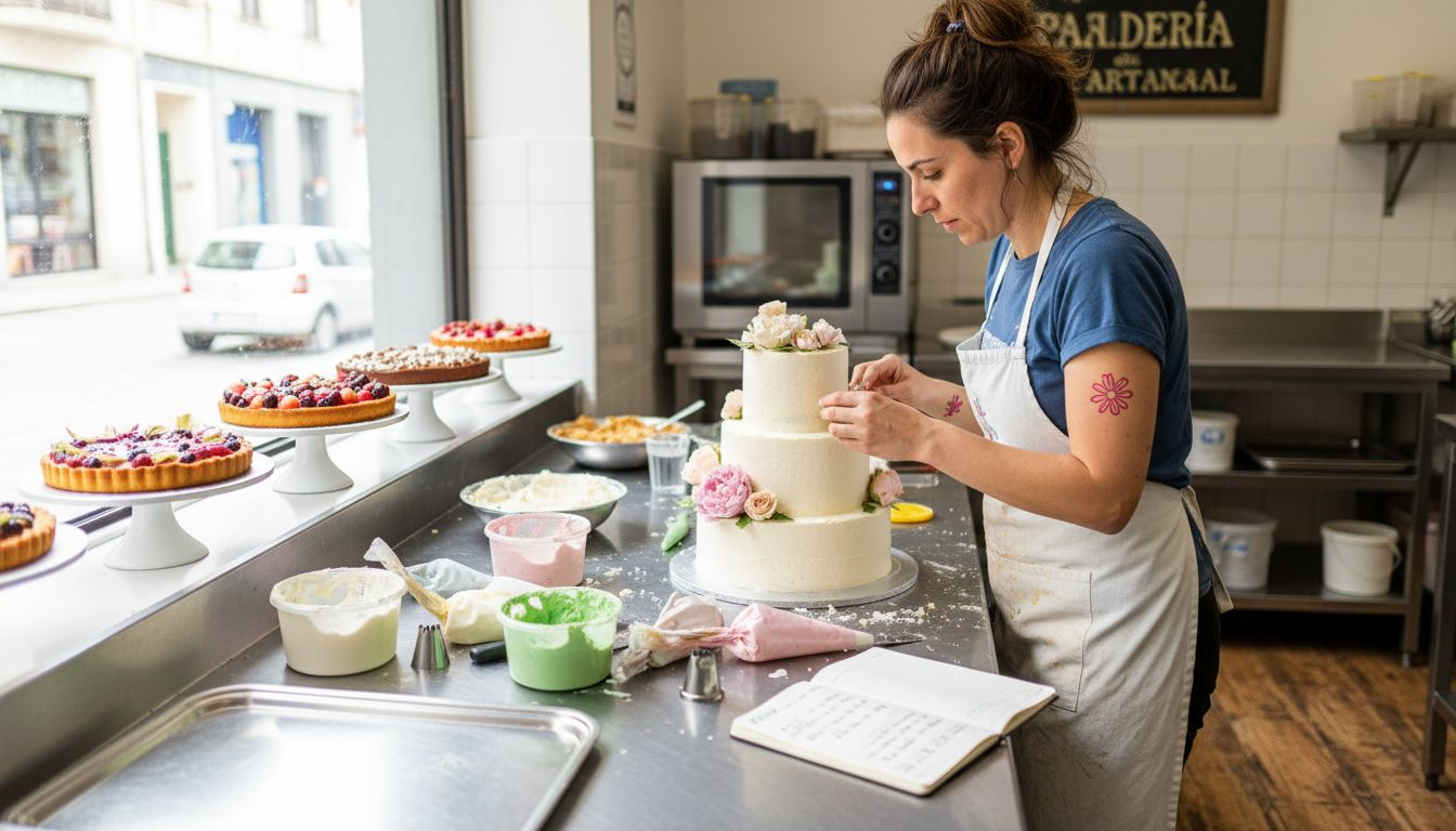 Pastelera dando los últimos toques a un pastel personalizado en su cocina