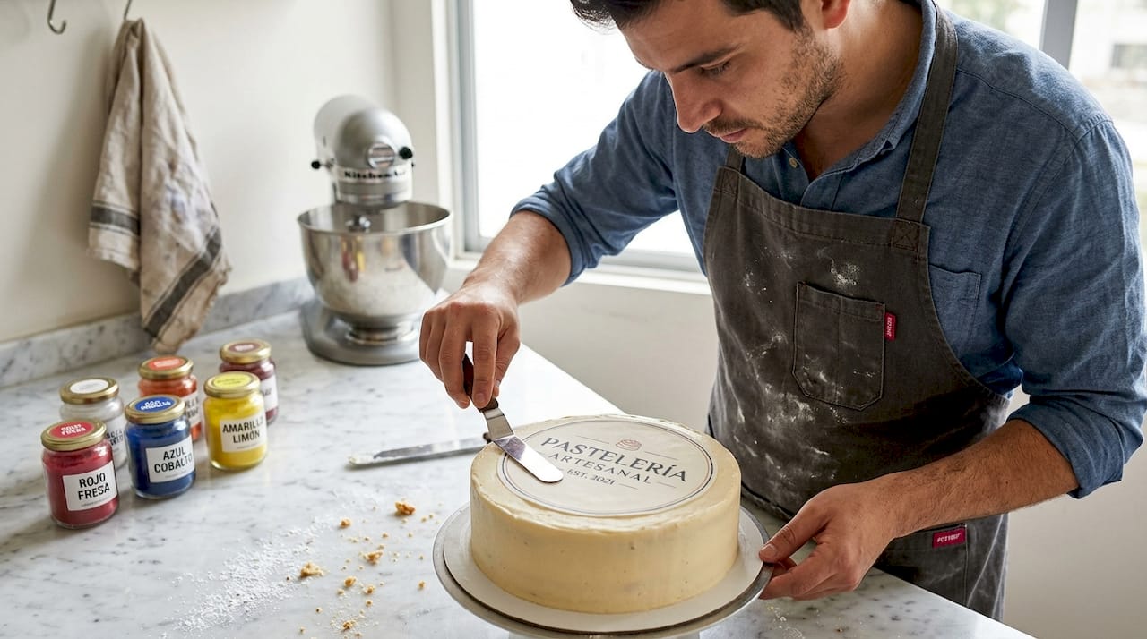 Pastelero colocando una oblea personalizada sobre una tarta