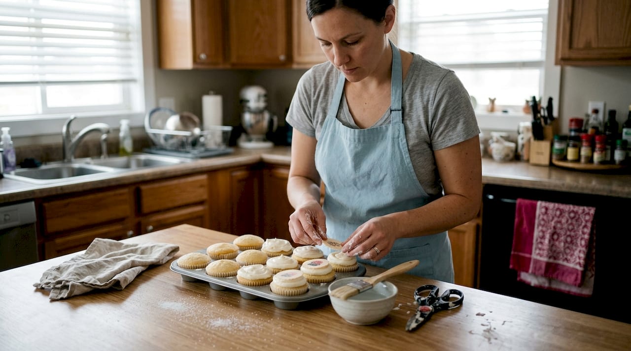 Mujer decorando magdalenas con obleas comestibles
