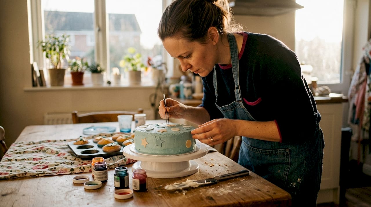 Pastelera decorando una tarta con láminas comestibles