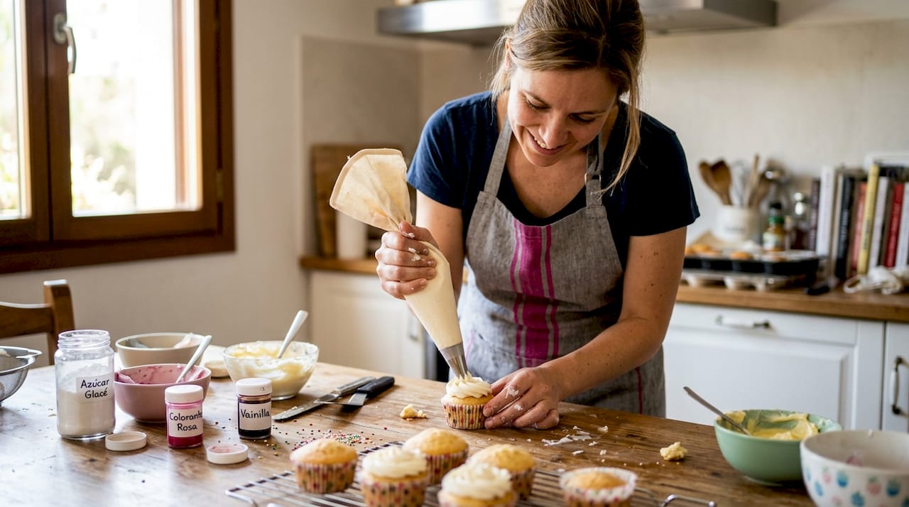 Una repostera decora cupcakes con buttercream en la cocina