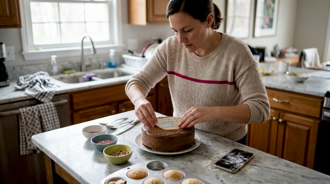 Una mujer coloca una oblea personalizada sobre una tarta