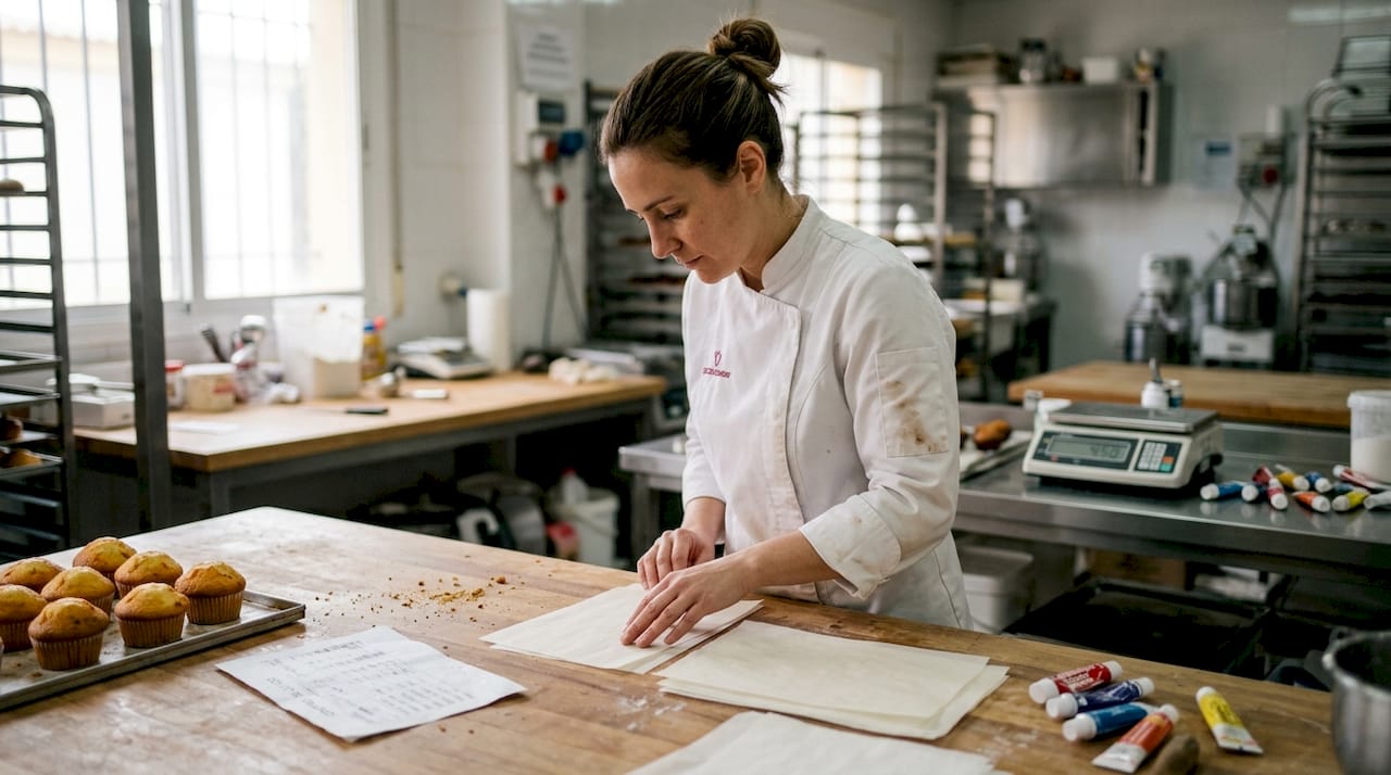 Pastelera comprobando la calidad del papel comestible en el taller