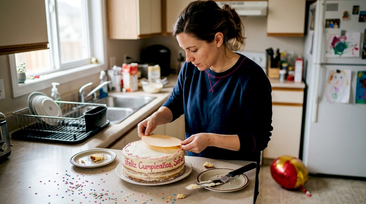 Una madre coloca una oblea decorativa sobre una tarta en la cocina, añadiendo su toque especial al postre.