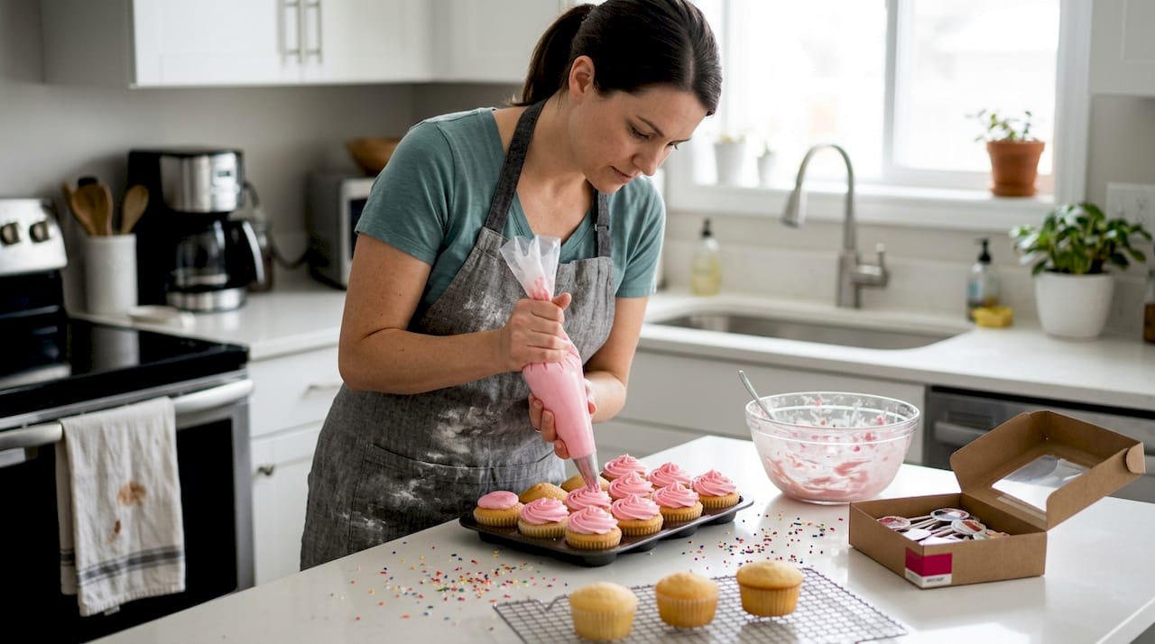 Una mujer decora magdalenas sobre la encimera de la cocina.