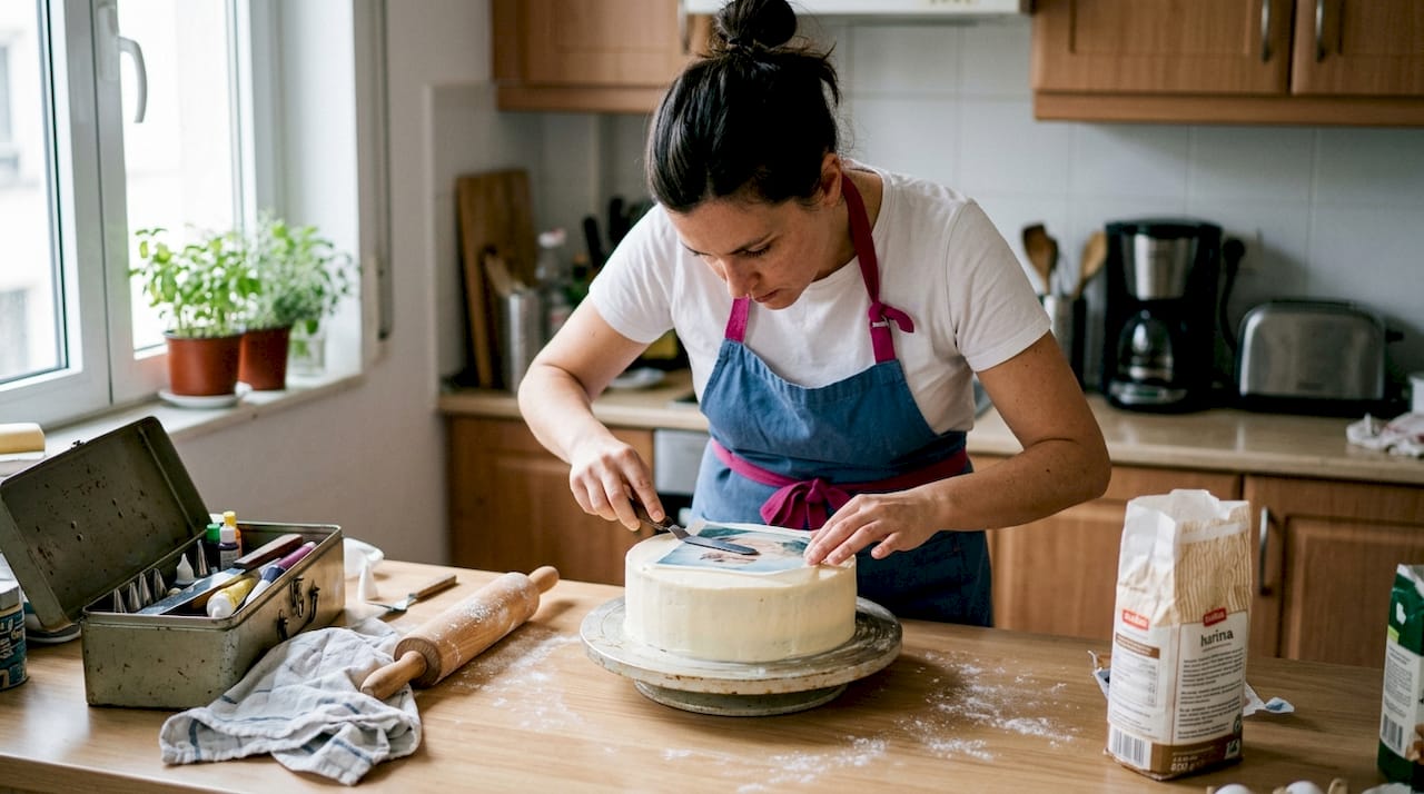 Mujer decorando un pastel con una imagen comestible