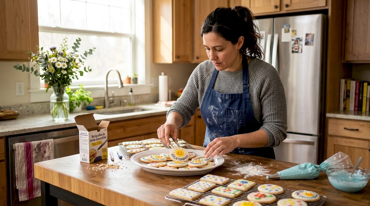Baker preparing personalized wafer cookies