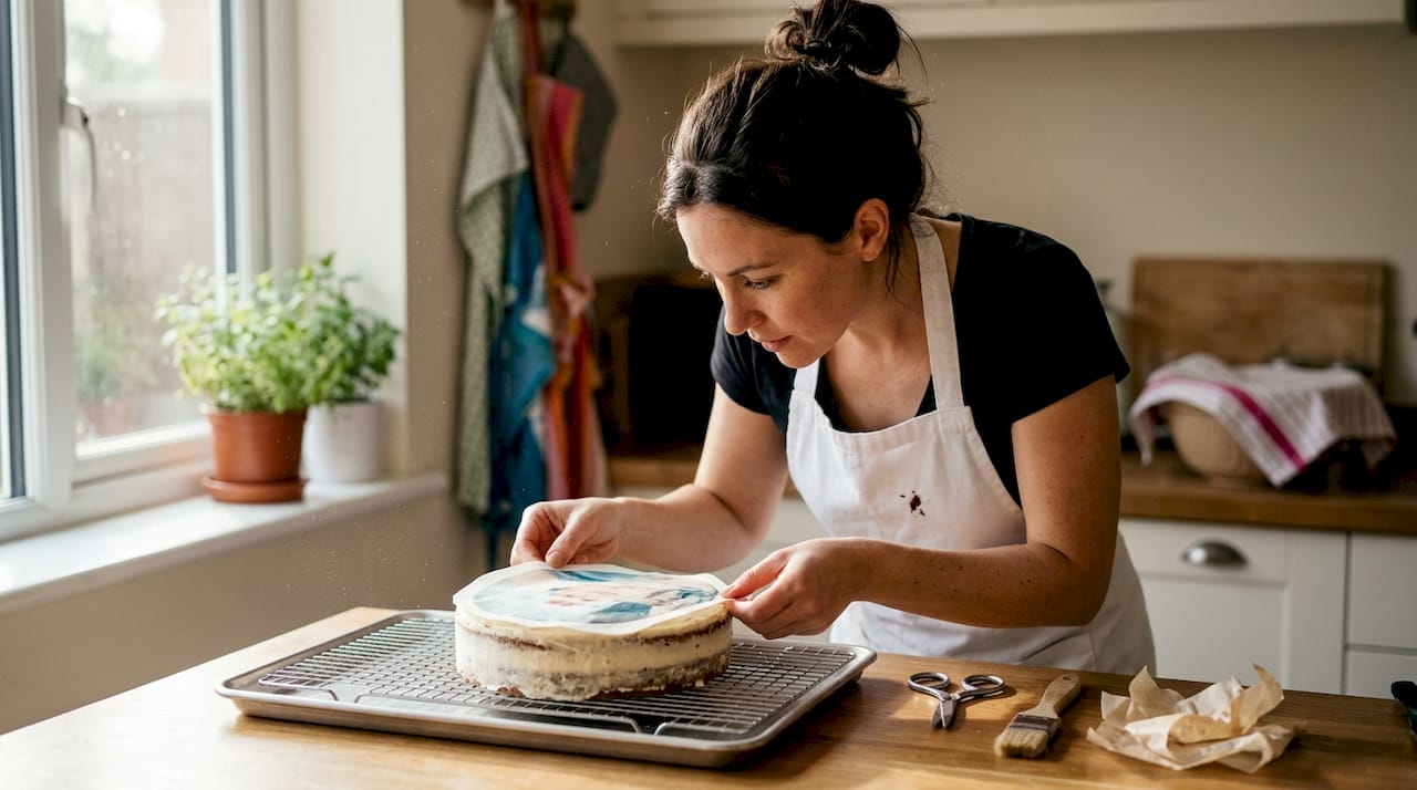 Colocando una lámina comestible sobre el pastel