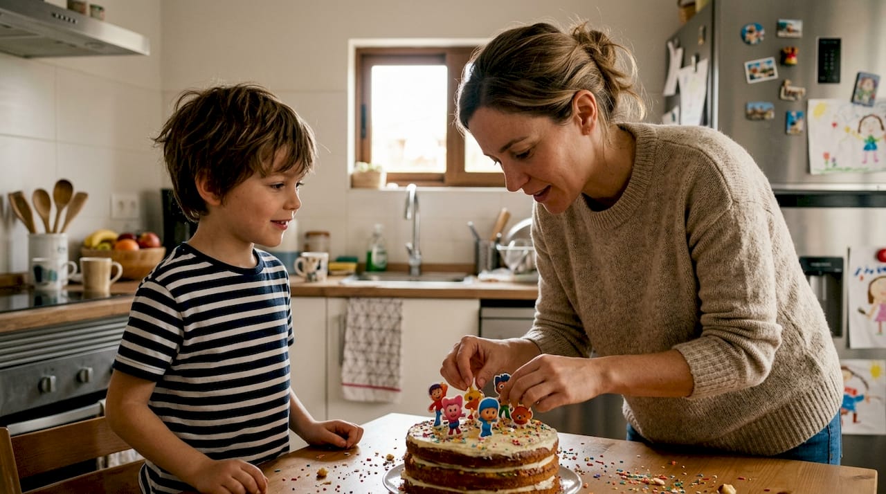 Un niño observa con ilusión una tarta decorada en la cocina de su casa.