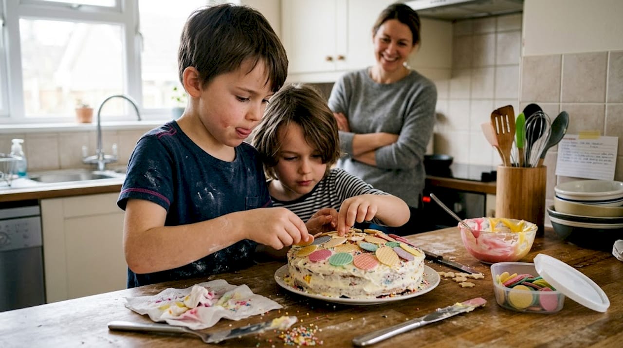 Un grupo de niños se divierte decorando una tarta con obleas en la cocina.