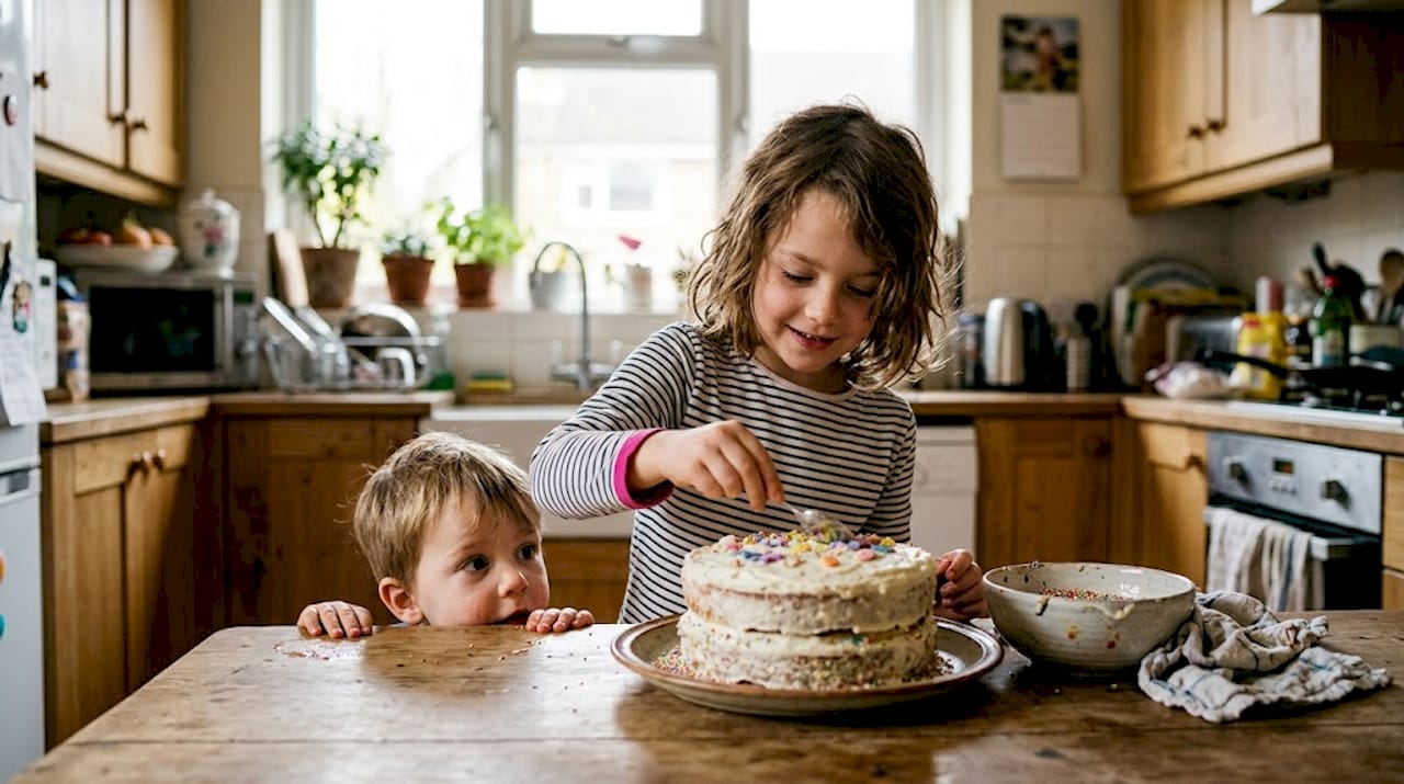 Un grupo de niños se divierte decorando un pastel con golosinas de colores.