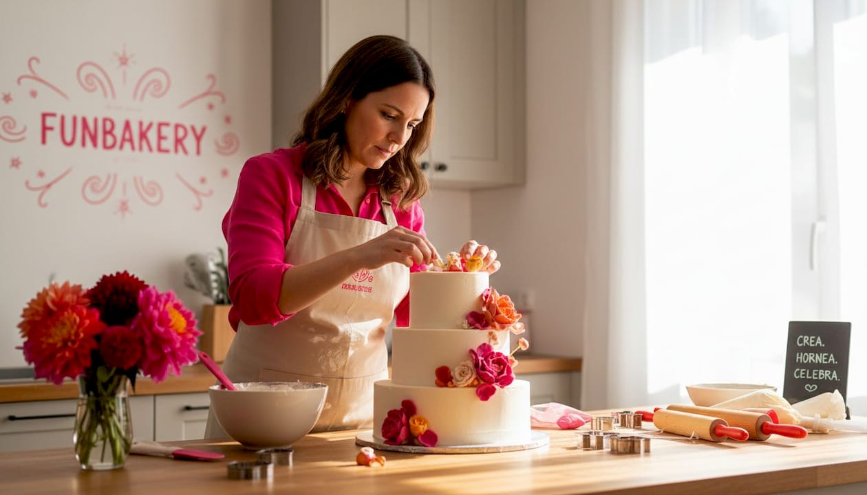 Pastelera dando el toque final a una tarta con delicadas flores comestibles