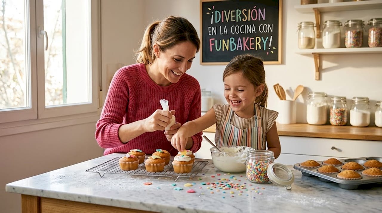 Una madre y su hija se divierten decorando cupcakes con obleas de colores.