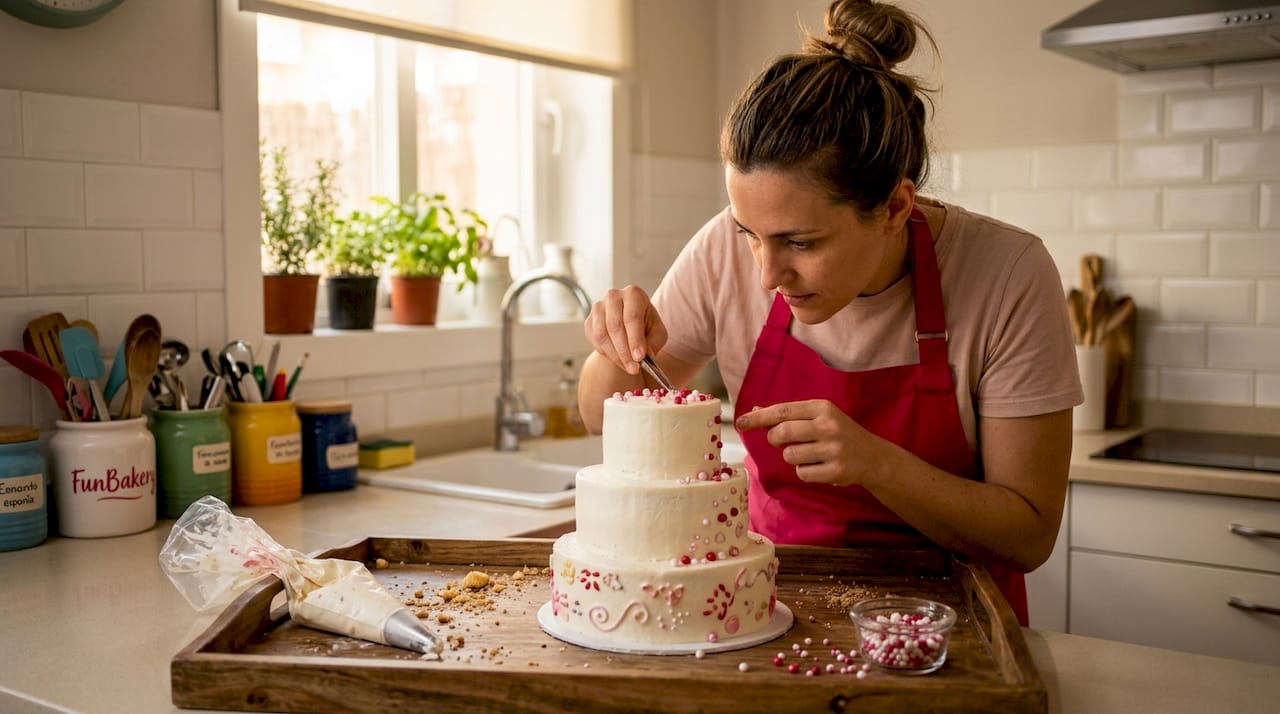 Una pastelera decora un pastel extravagante añadiéndole perlas comestibles