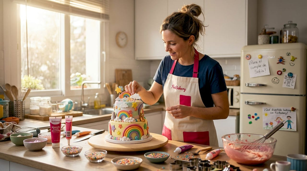 Una mujer prepara y decora la tarta de cumpleaños de sus hijos en casa.