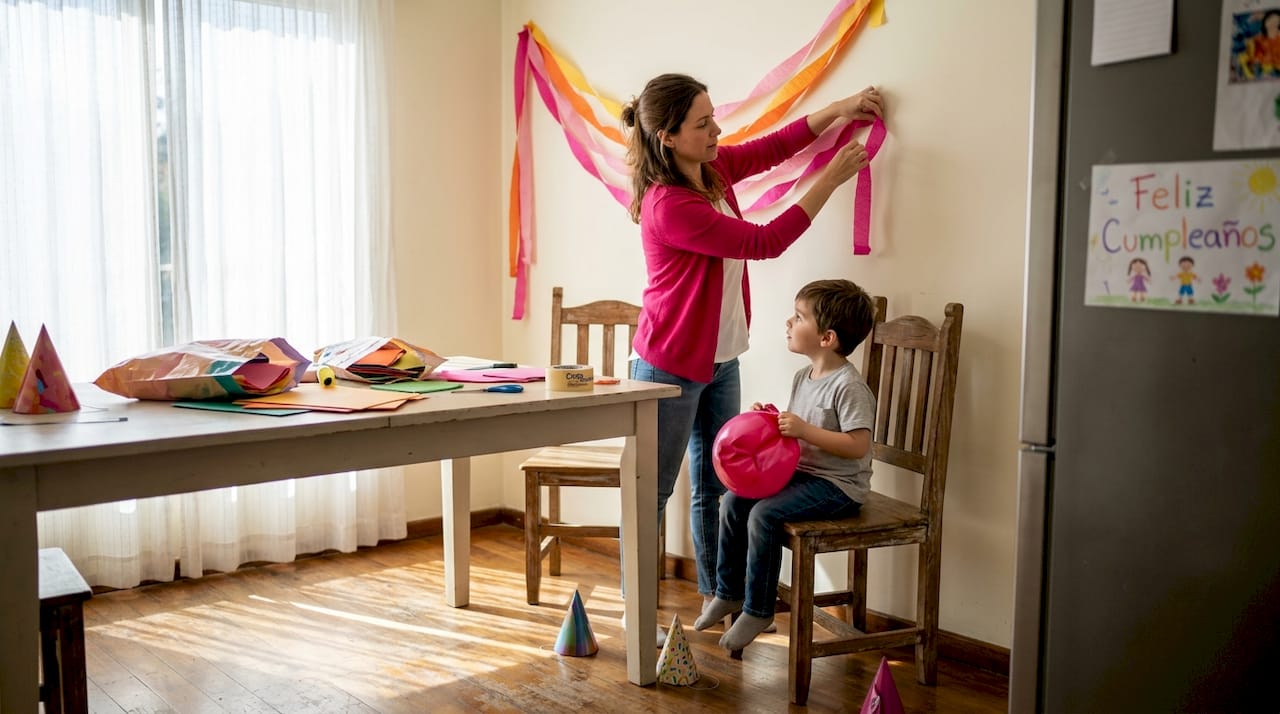 Una familia se reúne para poner la casa bonita y decorarla con adornos festivos antes de la celebración.
