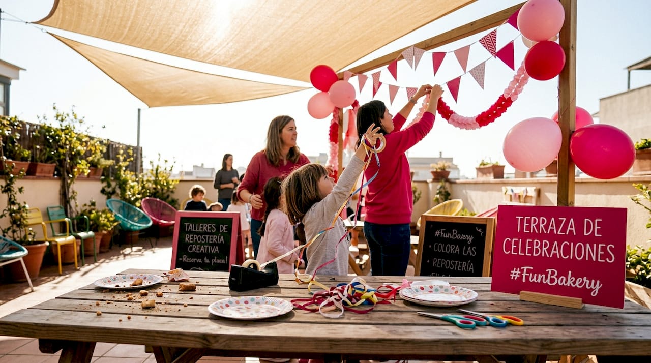 Una familia prepara la decoración del salón para una fiesta temática.