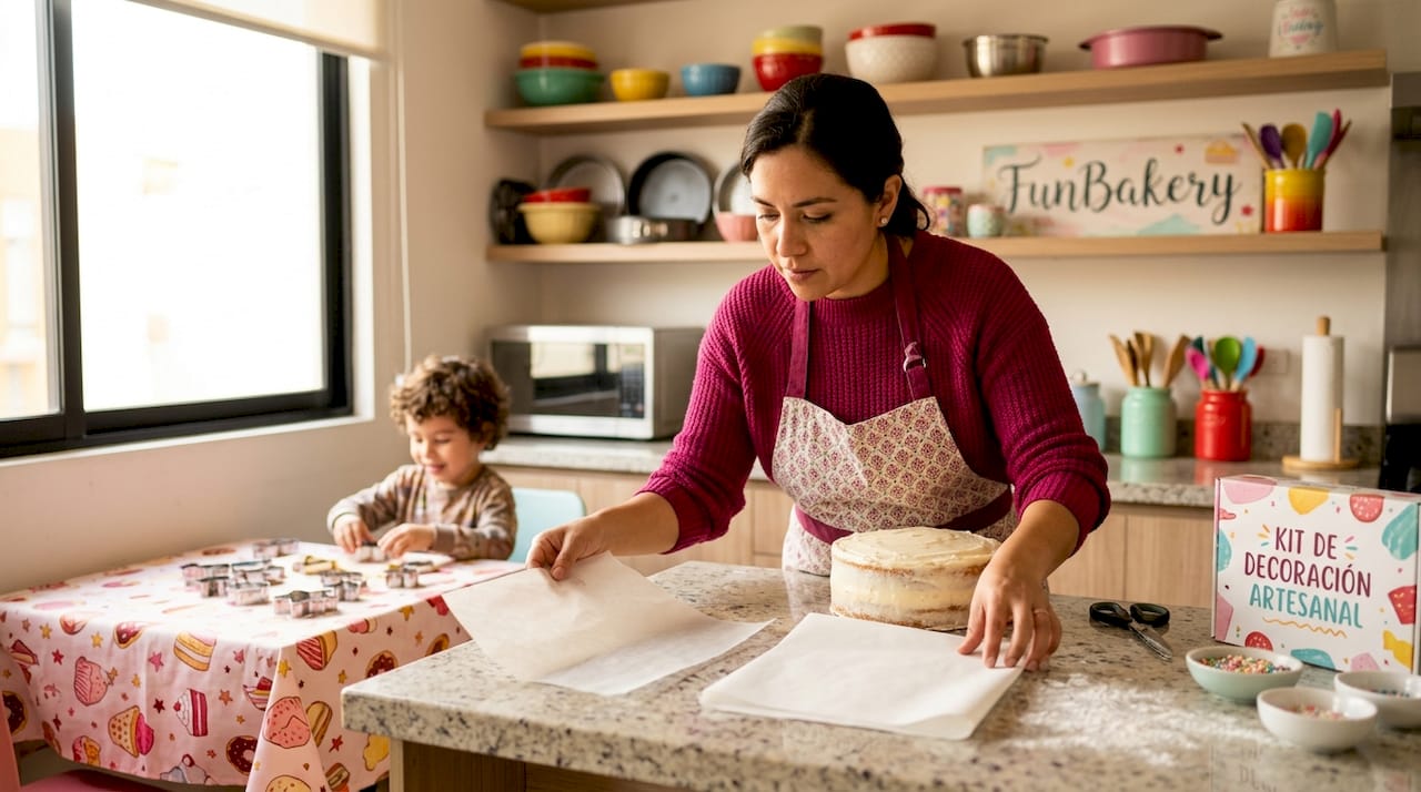Una madre revisa diferentes diseños de papel comestible para decorar la tarta de cumpleaños.