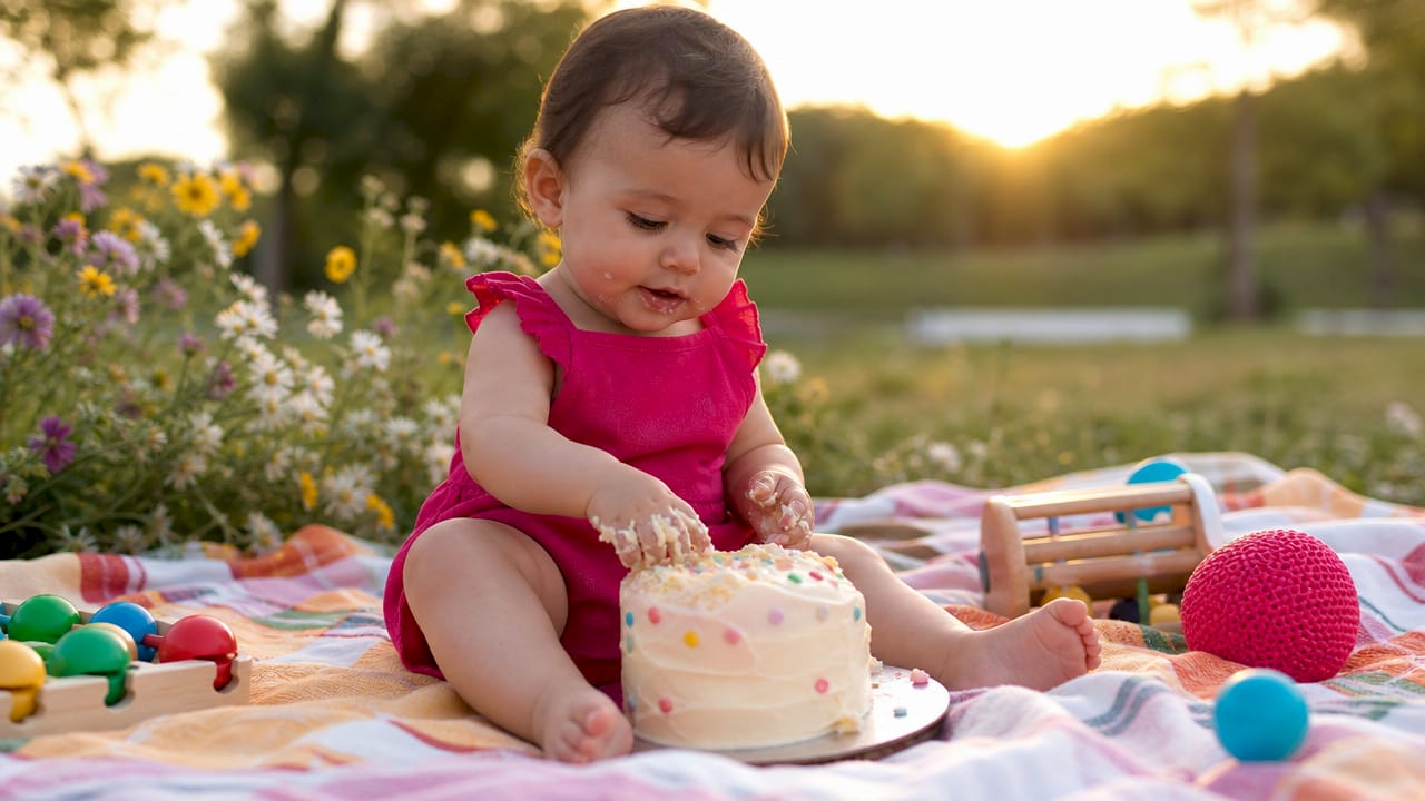 Momentos únicos: un bebé descubriendo su primer pastel durante una sesión de fotos
